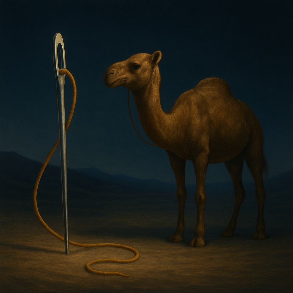 a camel standing next to a very large needle with a rope going through the eye of the needle
